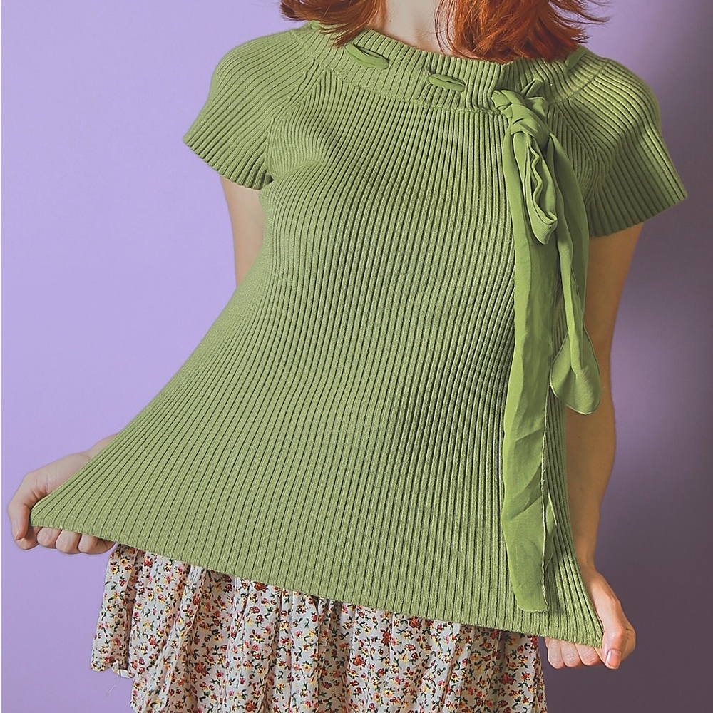 90s green ribbed tie short sleeve top